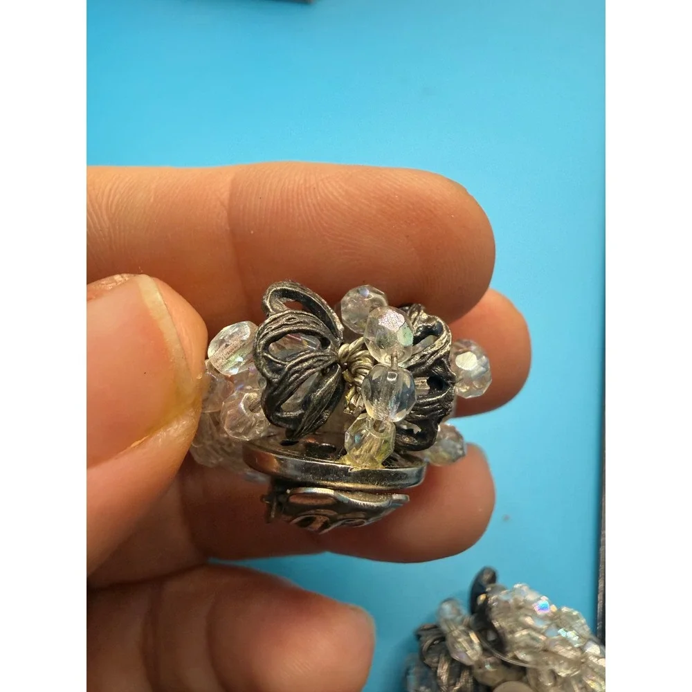 Margherita Buonanno Italy Vintage AB Crystal Cluster Bow Clip On Earrings 1in